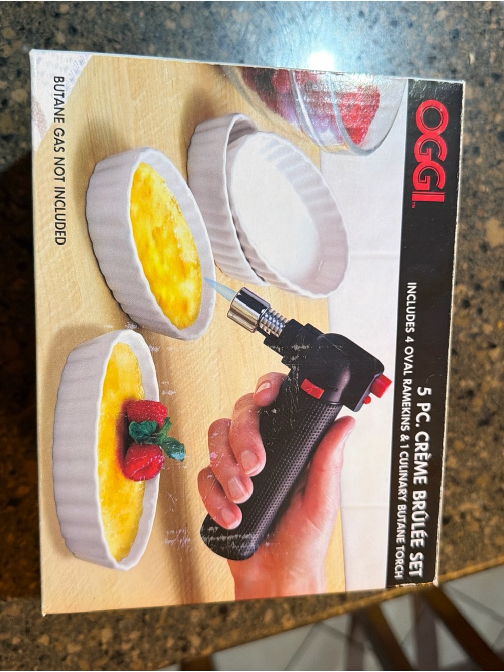 Black Culinary Butane Torch with White Ramekins - 5 Pc Crème Brûlée Set